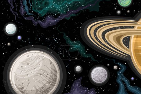 Téléchargez les illustrations : Vector Fantasy Space Chart, poster horizontal avec illustration des lunes saturées, tournant autour de Saturne planète dans l'espace profond, imprimé cosmo futuriste décoratif avec fond noir de l'espace stellaire - en licence libre de droit