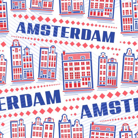 Téléchargez les illustrations : Vector Amsterdam Seamless Pattern, fond carré de répétition avec illustration du célèbre paysage urbain européen d'Amsterdam sur fond blanc, affiche urbaine d'art en ligne décorative avec texte bleu amsterdam - en licence libre de droit