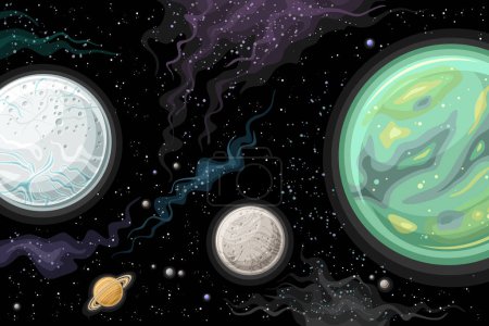 Téléchargez les illustrations : Vector Fantasy Space Chart, poster horizontal avec dessin animé bleu et vert lune saturée, tournant autour de Saturne dans l'espace profond, imprimé cosmo futuriste décoratif avec fond noir étoilé - en licence libre de droit