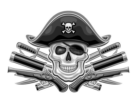 Téléchargez les illustrations : Logo vectoriel pour crâne de pirate, affiche horizontale avec illustration du crâne dans un vieux chapeau de mer et des armes de pirate croisées noires, signe décoratif avec crâne de conception d'art pour fête de pirate sur fond blanc - en licence libre de droit