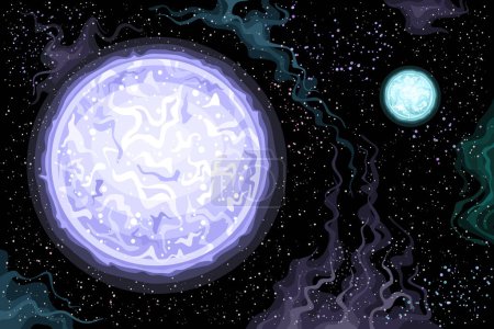 Téléchargez les illustrations : Vector Fantasy Space Chart, poster horizontal avec dessin animé système stellaire binaire le plus brillant Sirius A et Sirius B dans l'espace profond, impression cosmo futuriste décorative avec fond étoilé noir - en licence libre de droit