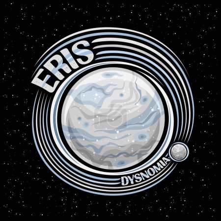 Illustration for Vector logo for Dwarf Planet Eris, decorative cosmo print with moon Dysnomia rotating around grey stone planet, square space poster with unique letters for blue text eris on black starry background - Royalty Free Image