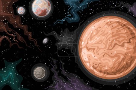 Vector Fantasy Space Chart, póster astronómico horizontal con diseño de dibujos animados planeta enano Makemake con luna MK 2 en el espacio profundo, impresión cosmo futurista decorativa con fondo espacio estrellado negro
