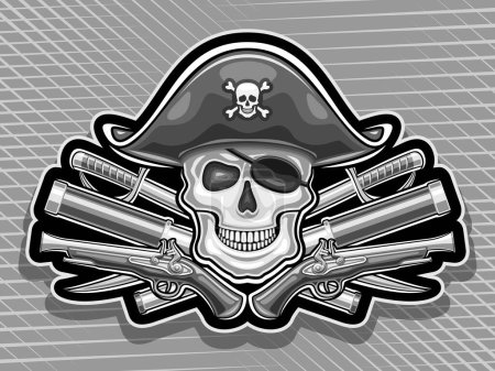 Téléchargez les illustrations : Logo vectoriel pour crâne de pirate, affiche horizontale avec illustration du crâne souriant en chapeau de mer et eye-atch de pirate, étiquette décorative avec dessin d'art crâne de pirate pour fête d'enfants sur fond gris - en licence libre de droit