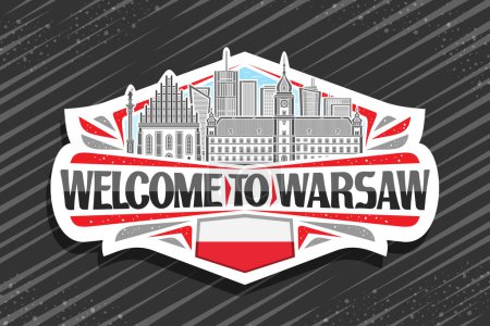Illustration for Vector logo for Warsaw, white decorative label with outline illustration of panoramic warsaw city scape on day sky background, line art design refrigerator magnet with black words welcome to warsaw - Royalty Free Image