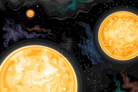 Vector Fantasy Space Chart, astronomical horizontal poster with illustration of triple-star Alpha Centauri Stellar System in deep space, decorative orange cosmo print on black starry space background