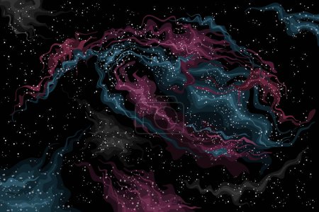 Nébuleuse de l'espace vectoriel, affiche astronomique horizontale avec dessin animé Nébuleuse du voile (matériau diffus chauffé et ionisé) dans l'espace profond, impression cosmo cataclysmique sur fond d'espace étoilé abstrait
