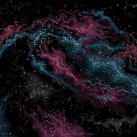 Vector Space Nebula, astronomical horizontal poster with cartoon design Veil Nebula (heated and ionized diffuse material) in deep space, cataclysmic cosmo print on abstract starry space background