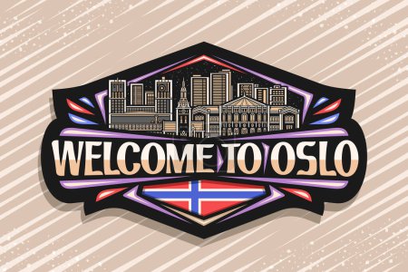 Vektor-Logo für Oslo, dunkles dekoratives Abzeichen mit Umrissen der berühmten europäischen oslo-Stadtlandschaft auf Abendhimmel-Hintergrund, Kunstdesign patriotischer Kühlschrankmagnet mit Worten Willkommen bei oslo