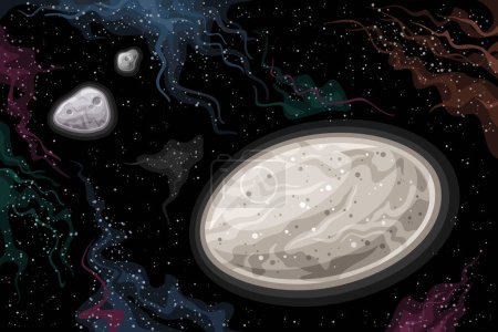 Vector Fantasy Space Chart, póster horizontal con diseño de dibujos animados planeta enano Haumea con lunas Hi 'iaka y Namaka en el espacio profundo, impresión cosmo futurista decorativa con fondo espacio estrellado negro