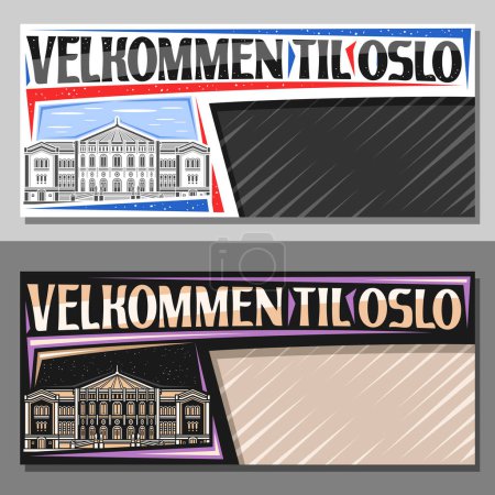Bannière vectorielle pour Oslo avec espace de copie, mise en page décorative avec illustration en ligne du parlement nordique à oslo le jour et le crépuscule fond du ciel, carte de tourisme de conception d'art avec des mots velkommen til oslo
