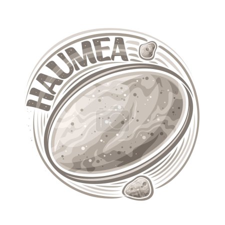 Vektor-Logo für Zwergplanet Haumea, dekorativer Kosmo-Print mit rotierenden Monden Hi 'iaka und Namaka um ovalen Planeten, quadratisches Raumposter mit einzigartigen Buchstaben für grauen Text Haumea auf weißem Hintergrund