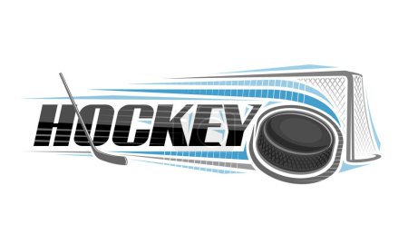 Logotipo vectorial para hockey sobre hielo, banner horizontal decorativo con ilustración de contorno de golpear el disco de hockey, lanzado en la trayectoria en la meta sobre fondo blanco y letras únicas para hockey palabra azul