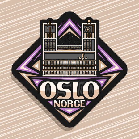 Vector logo for Oslo, dark rhombus road sign with line illustration of famous oslo city hall on nighttime sky background, decorative refrigerator magnet with unique lettering for text oslo, norge