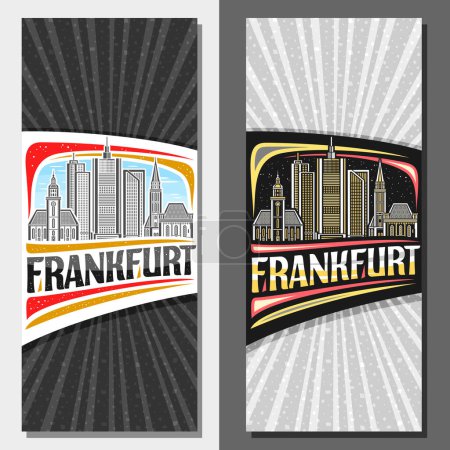Diseños verticales vectoriales para Frankfurt, folleto decorativo con ilustración en línea del paisaje de la ciudad de Frankfurt en el día y el fondo del cielo al atardecer, tarjeta turística de diseño de arte con letras únicas para palabra frankfurt