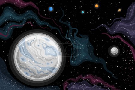 Vector Fantasy Space Chart, horizontal poster with cartoon design rotation moon Dysnomia around dwarf planet Eris in deep space, decorative futuristic cosmo print with black starry space background