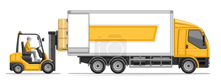 Ilustración vectorial de la carretilla de carga, cabecera horizontal con perfil vista lateral plataforma de pedido de carretilla elevadora con paquetes postales en camión de reparto, camión de camiones postales con cabina amarilla sobre fondo blanco
