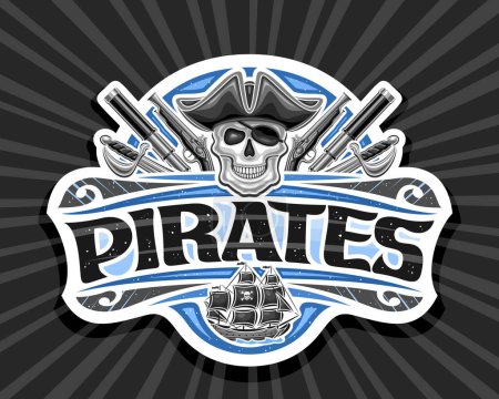 Logo vectorial para Piratas, etiqueta decorativa de papel cortado con ilustración del malvado cráneo de pirata sonriente en gorra vieja y parche para niños, mascota creativa con piratas de texto sobre fondo rayado