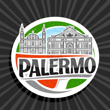 Logotipo vectorial para Palermo, etiqueta decorativa blanca con esbozo ilustración del paisaje palermo europeo de la ciudad en el fondo del cielo del día, imán del refrigerador del diseño del arte con letras únicas para el texto negro palermo