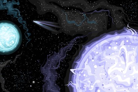 Vector Fantasy Space Chart, poster horizontal avec dessin animé système stellaire binaire blanc bleuté le plus brillant et comète volante dans l'espace profond, impression cosmique décorative avec fond noir étoilé