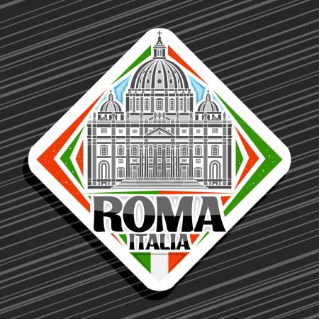 Vektor-Logo für Roma, weißes Rauten-Straßenschild mit Liniendarstellung der berühmten majestätischen Petersbasilika auf Tageshimmel-Hintergrund, dekorativer urbaner Kühlschrankmagnet mit schwarzem Text roma, italien