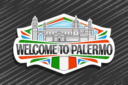 Vector logo for Palermo, white decorative signage with illustration of roman catholic archdiocese of palermo on day sky background, line art design refrigerator magnet with words welcome to palermo