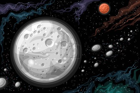 Vector Fantasy Space Chart, horizontal astronomical poster with cartoon design dwarf planet Ceres with asteroid belt in deep space, decorative futuristic cosmo print with black starry space background