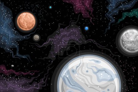 Illustration for Vector Fantasy Space Chart, horizontal astronomical poster with cartoon design dwarf planets Makemake and Eris with moons in deep space, decorative futuristic cosmo print with starry space background - Royalty Free Image