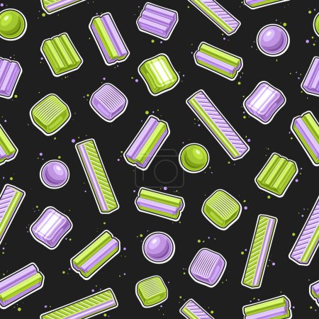 Vector Bubble Gum seamless pattern, fun repeat background with cut out outline illustration of variety bubble gums and cute candies, square poster with group of flying yummy candies on dark background