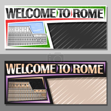 Vector banner for Rome with empty copy space, decorative layout with outline illustration of famous rome colosseum on day and dusk sky background, art design tourist card with words welcome to rome