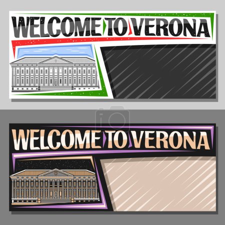 Illustration for Vector layout for Verona with copy space, decorative coupon with line illustration verona palazzo barbieri located in bra square on sky background, art design tourist card with words welcome to verona - Royalty Free Image