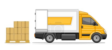 Vektor-Illustration von Lieferwagen, horizontalem Plakat mit Profilseitenansicht Handelswagen mit geöffneter Hintertür und Kartons stapelbar auf Palette, LKW mit gelber Kabine auf weißem Hintergrund