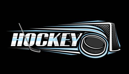 Vektor-Logo für Eishockey, dekoratives horizontales Banner mit Umrissdarstellung des Schlägens auf den Hockey-Puck, auf Flugbahn ins Tor geworfen auf dunklem Hintergrund und einzigartiger Schriftzug für blaues Wort Hockey