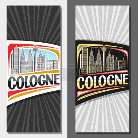 Vector vertical layouts for Cologne, decorative leaflet with outline illustration of cologne city scape on day and dusk sky background, art design tourist card with unique lettering for word cologne