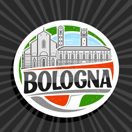 Logotipo vectorial para Bolonia, etiqueta decorativa blanca con ilustración de contorno de la ciudad de Bolonia europea paisaje sobre fondo cielo de día, diseño de arte imán refrigerador con letras únicas para Bolonia texto negro