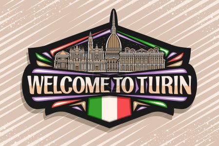 Vektor-Logo für Turin, schwarzes dekoratives Etikett mit Umrissabbildung historischer Turin-Stadtlandschaft auf Abendhimmel-Hintergrund, Linienkunst-Design Kühlschrankmagnet mit Worten Willkommen bei Turin