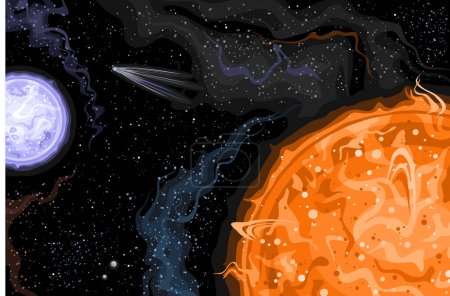 Vector Fantasy Space Card, affiche astronomique horizontale avec illustration du système stellaire binaire futuriste et de la comète volante dans l'espace lointain, impression cosmo décorative avec fond étoilé noir
