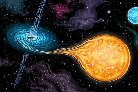Ilustración de Ilustración vectorial de Agujero Negro, cartel astronómico horizontal con agujero negro giratorio, estrella naranja supermasiva capturada en el espacio profundo, impresión futurista decorativa sobre fondo negro estrellado espacio - Imagen libre de derechos