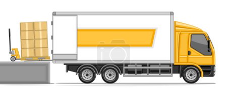 Téléchargez les illustrations : Illustration vectorielle de Camion de chargement, en-tête horizontal avec vue latérale de profil commande de chargement de cric de palette avec des colis postaux dans le camion de livraison, camion de commerce avec cabine jaune sur fond blanc - en licence libre de droit