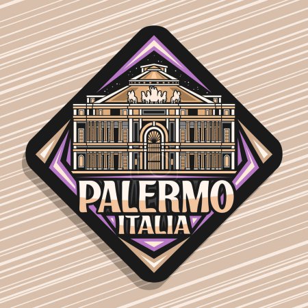Illustration for Vector logo for Palermo, black rhombus road sign with line illustration of famous politeama theatre in palermo on nighttime sky background, decorative refrigerator magnet with text palermo, italia - Royalty Free Image