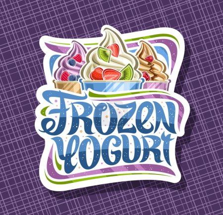 Vector-Logo für Frozen Yogurt, dekorativ geschnittenes Papierschild mit Illustration von drei verschiedenen bunten Eissorten mit frischen Obstscheiben in Kartonwannen und Text gefrorenem Joghurt auf violettem Hintergrund