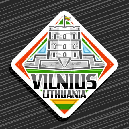 Logotipo vectorial para Vilnius, señal de tráfico rombo blanco con ilustración en línea de la famosa torre gediminas en vilnius sobre fondo de cielo de día, imán decorativo urbano refrigerador con texto negro vilnius lithuania