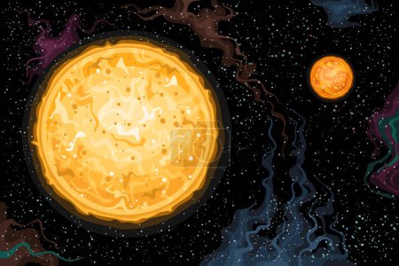 Vector Fantasy Space Card, horizontales astronomisches Poster mit Illustration des Doppelsternsystems, bestehend aus einem Paar rotbrauner Zwerge im Weltraum, dekorativem Kosmodruck mit Sternenhintergrund