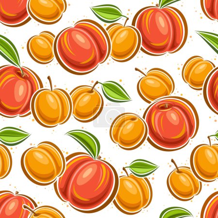 Illustration for Vector Apricot and Peach seamless pattern, decorative background with flying cartoon fruits for wrapping paper, square placard with flat lay apricots and peaches with green leaves on white background - Royalty Free Image
