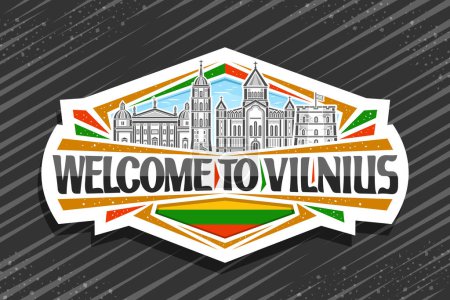 Vektor-Logo für Vilnius, weißes dekoratives Abzeichen mit Umrissen der europäischen Vilnius-Stadtlandschaft auf Tageshimmel-Hintergrund, Line Art Design Kühlschrankmagnet mit schwarzen Worten Willkommen in Vilnius