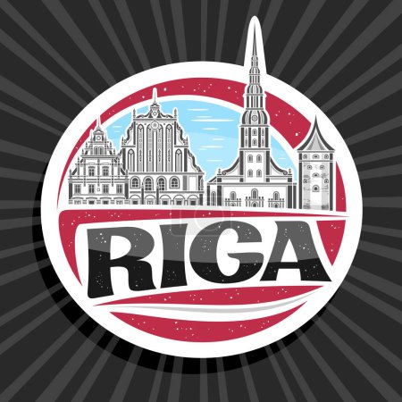 Vektor-Logo für Riga, weiße dekorative Kreisanhänger mit Linienabbildung der europäischen Riga-Stadtlandschaft auf Taghimmel-Hintergrund, Kunstdesign Kühlschrankmagnet mit einzigartiger Schrift für schwarze Text-Riga