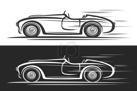 Illustration for Vector logo for Retro Sport Car, horizontal automotive banners with contour illustration of monochrome concept car in motion, decorative running sporty car without roof on black and white background - Royalty Free Image