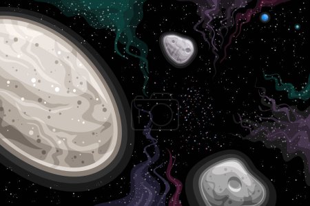 Vector Fantasy Space Chart, astronomische Karte mit Illustration des Zwergplaneten Haumea mit den Monden Hi 'iaka und Namaka im Weltraum, dekorativer futuristischer Kosmodruck mit schwarzem Sternenhintergrund