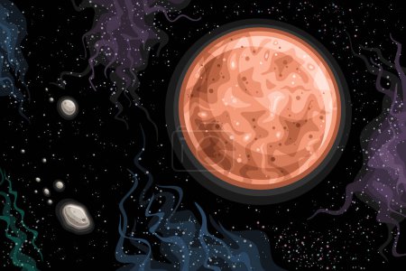 Vector Fantasy Space Chart, horizontales astronomisches Poster mit transneptunischem Zwergplaneten Sedna mit brauner Oberfläche im Weltraum, Zeichentrickdesign futuristischer Kosmodruck mit Sternenhintergrund