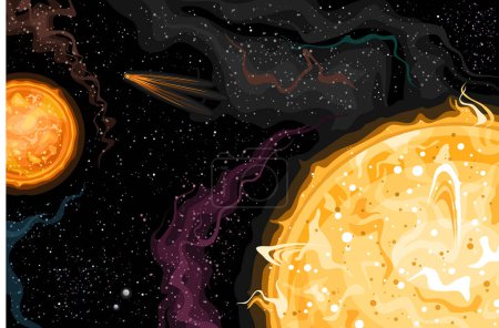 Vector Fantasy Space Card, affiche astronomique horizontale avec dessin animé système étoile binaire orangé pâle et comète volante dans l'espace profond, impression cosmo décorative avec fond noir étoilé